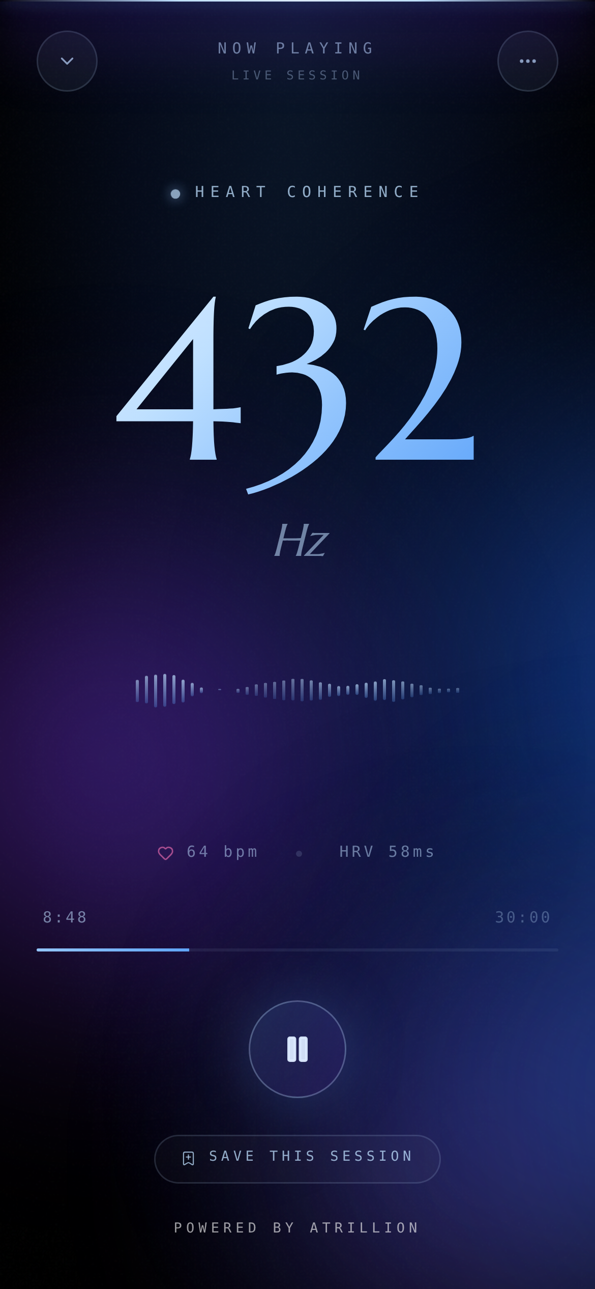 SoulEQ™ Now Playing, 432 Hz Heart Coherence with live heart rate and HRV